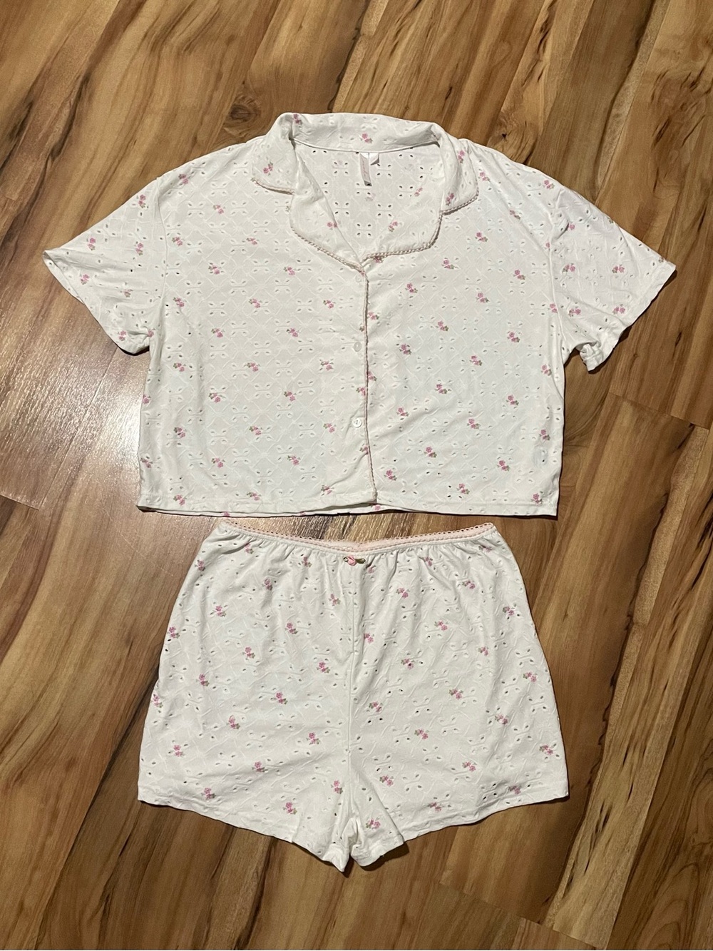 Lovella White Pink Ditsy Floral Eyelet Pointelle Knit PJ Lounge Set Size Large